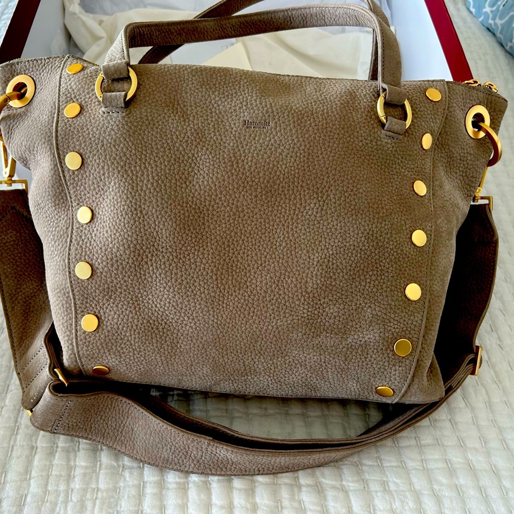 Hammitt Daniel LRG Suede Satchel in pewter/brushed gold.